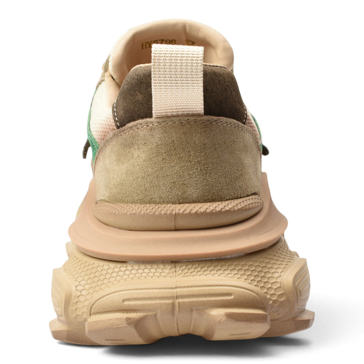 ada-shoes.ro green suede sneakers with a chunky beige platform sole, rear view showing textured heel and pull tab