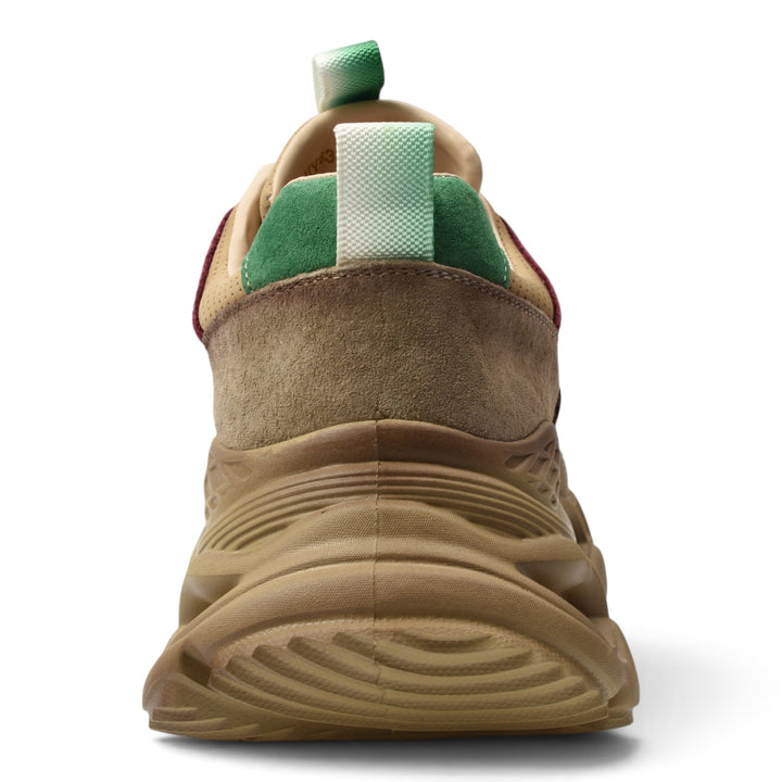 ada-shoes.ro green suede sneakers with a thick 5cm platform sole, viewed from the back with a pull tab detail.