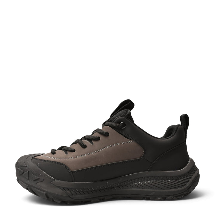 ada-shoes.ro grey and black leather sneakers with suede accents, lace-up closure, and a thick flexible sole.