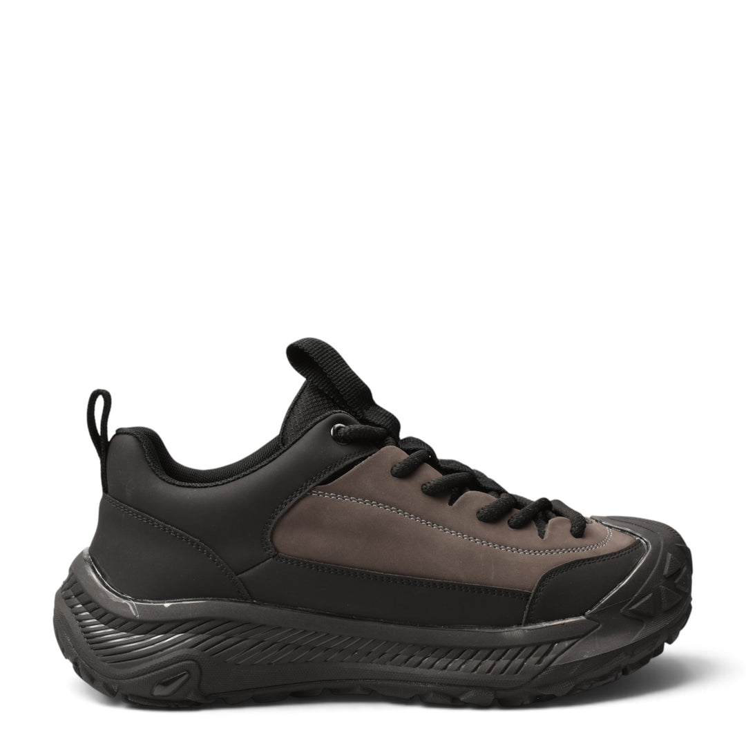 ada-shoes.ro grey and black leather sneakers with suede accents and a thick, flexible platform sole.