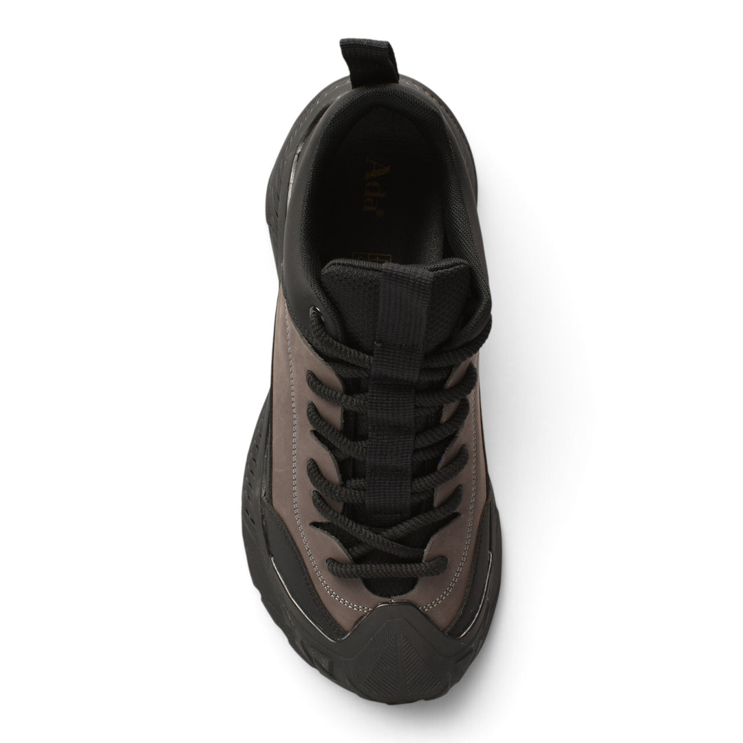 ada-shoes.ro grey and black leather sneakers with suede accents and lace-up closure, top-down view
