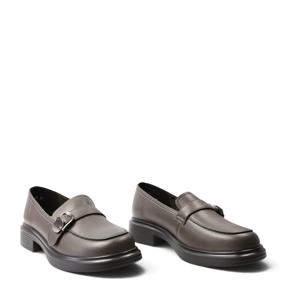 ada-shoes.ro Anna Viotti casual grey leather loafers with a side buckle and thick black rubber sole