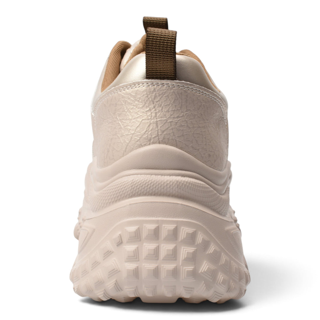 ada-shoes.ro grey leather sneakers with a thick, textured platform sole and brown heel pull tab, rear view.
