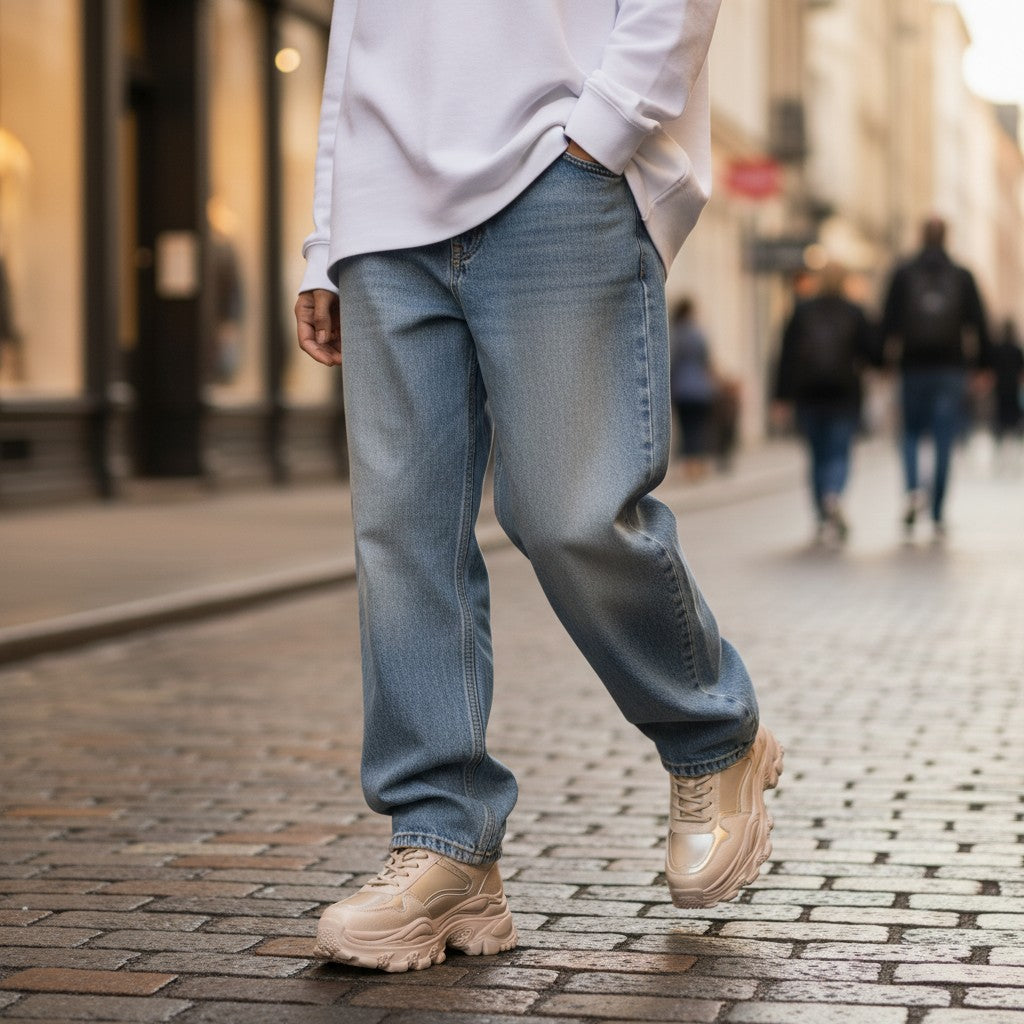 ada-shoes.ro grey leather sneakers with a 4cm flexible sole worn with blue jeans on a city street
