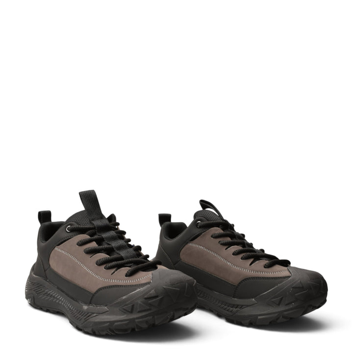 ada-shoes.ro grey and black leather sneakers with suede panels, lace-up closure, and a thick flexible rubber sole.