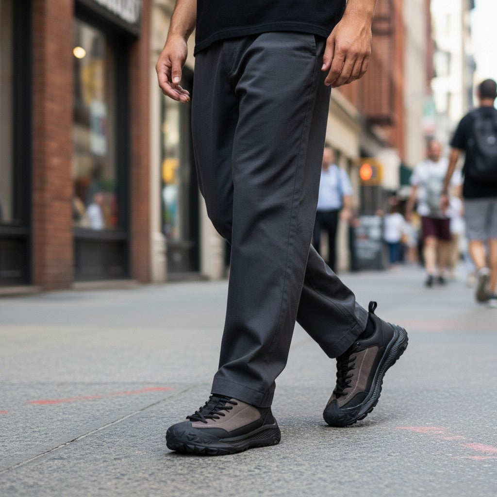 ada-shoes.ro grey leather and suede sneakers with a flexible sole worn by a man walking on a city street