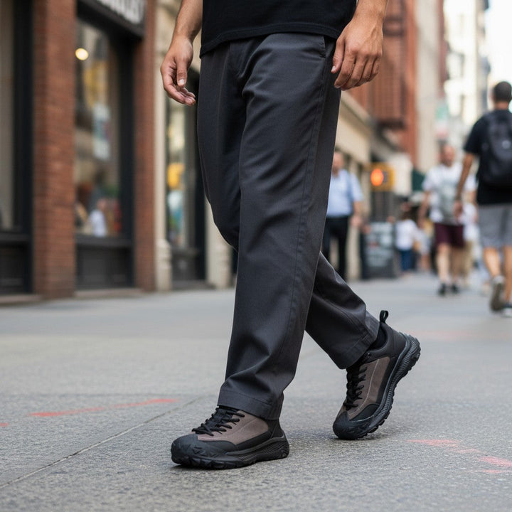 ada-shoes.ro grey leather and suede sneakers with a flexible sole worn by a man walking on a city street