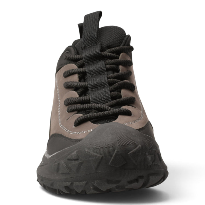 ada-shoes.ro grey leather and suede sneakers with black laces and a textured rubber sole in a front view