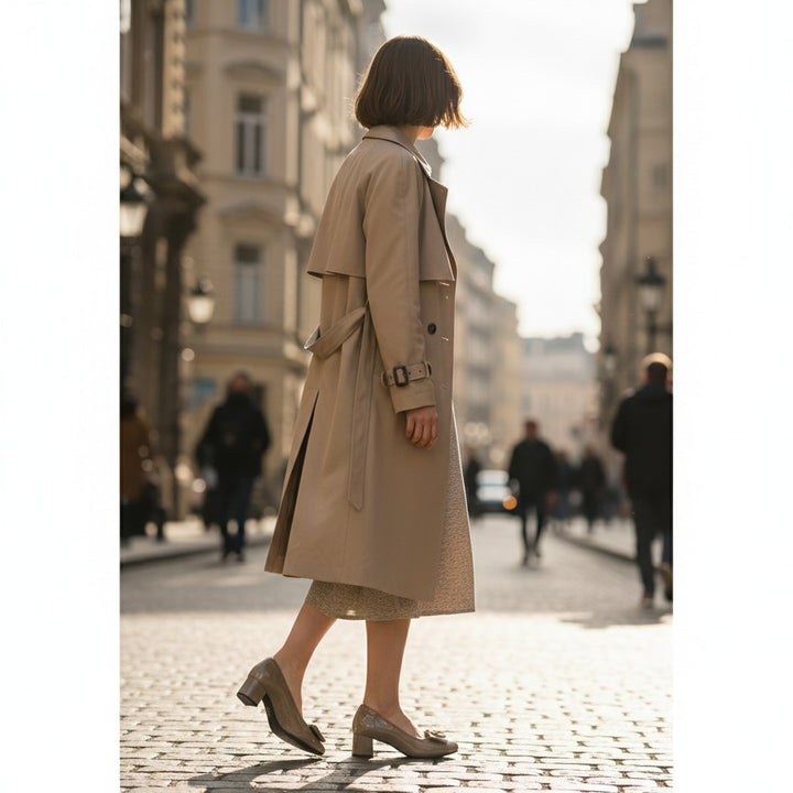 Woman wearing ada-shoes.ro grey patent leather block heel shoes with a beige trench coat on a cobblestone street