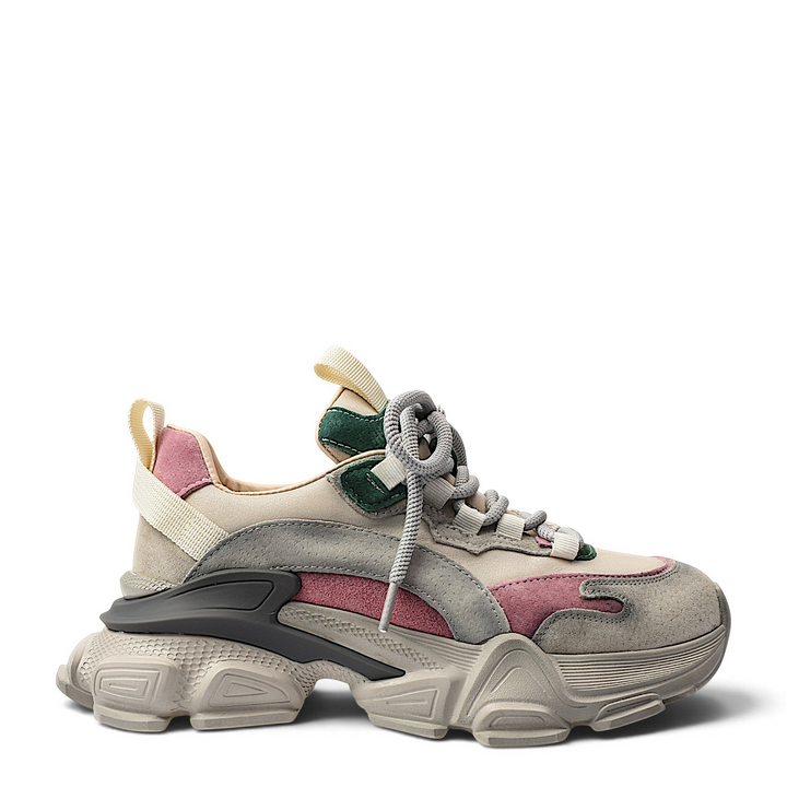 ada-shoes.ro Franco Gerardo sneakers in grey, pink, and green suede with a chunky platform sole and lace-up closure.