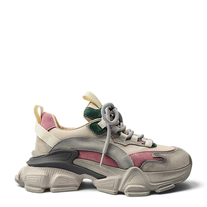 ada-shoes.ro Franco Gerardo sneakers in grey, pink, and green suede with a chunky platform sole and lace-up closure.