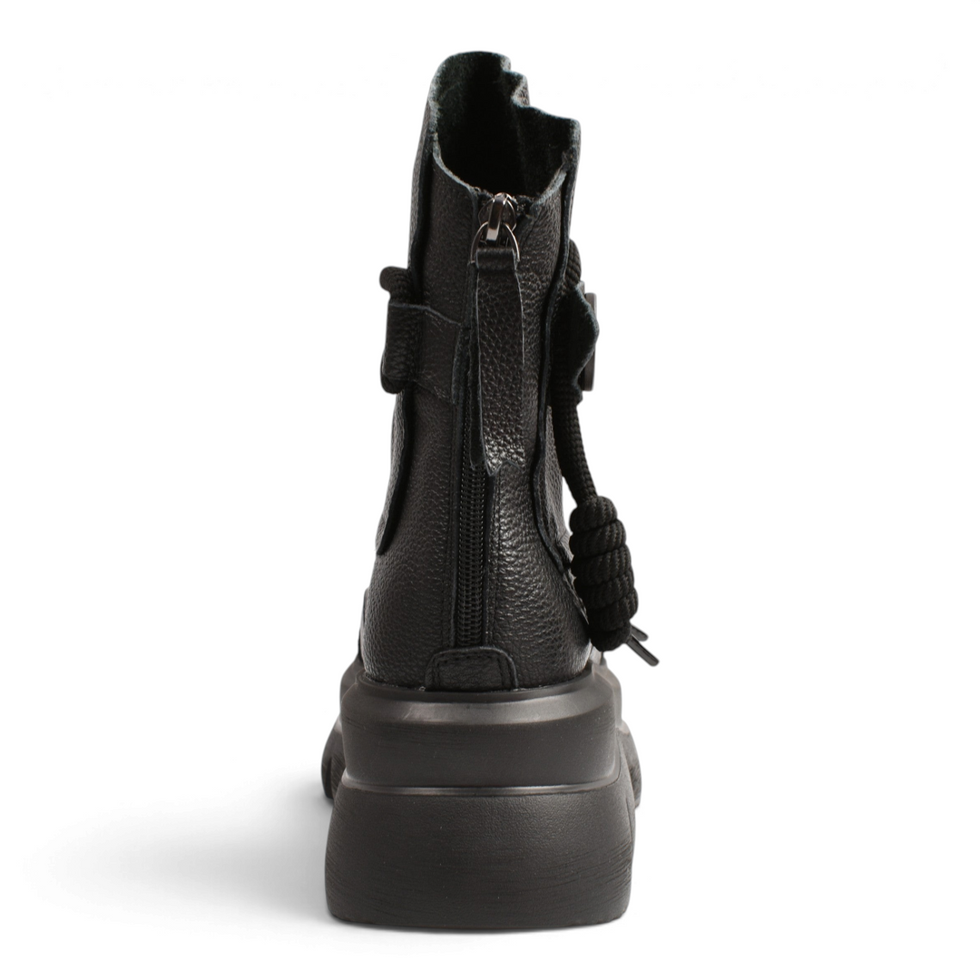 ada-shoes.ro Gryxx black leather chunky boots with back zipper and decorative rope detail, rear view