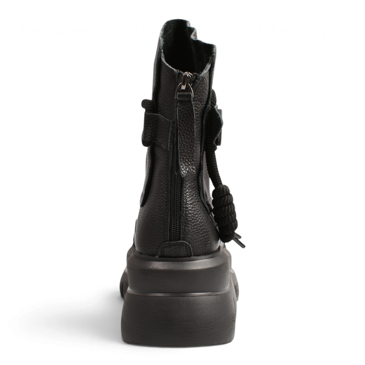 ada-shoes.ro Gryxx black leather chunky boots with back zipper and decorative rope detail, rear view
