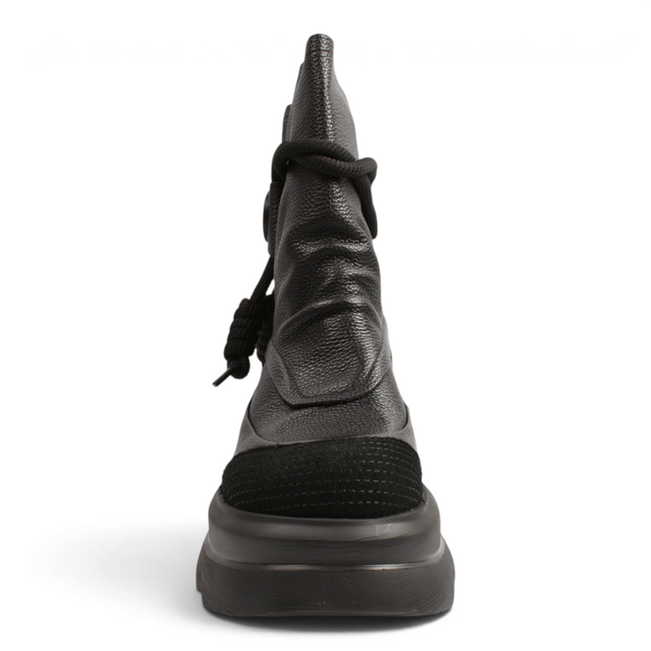 ada-shoes.ro Gryxx black leather chunky boots with decorative rope detail and textured toe cap, front view