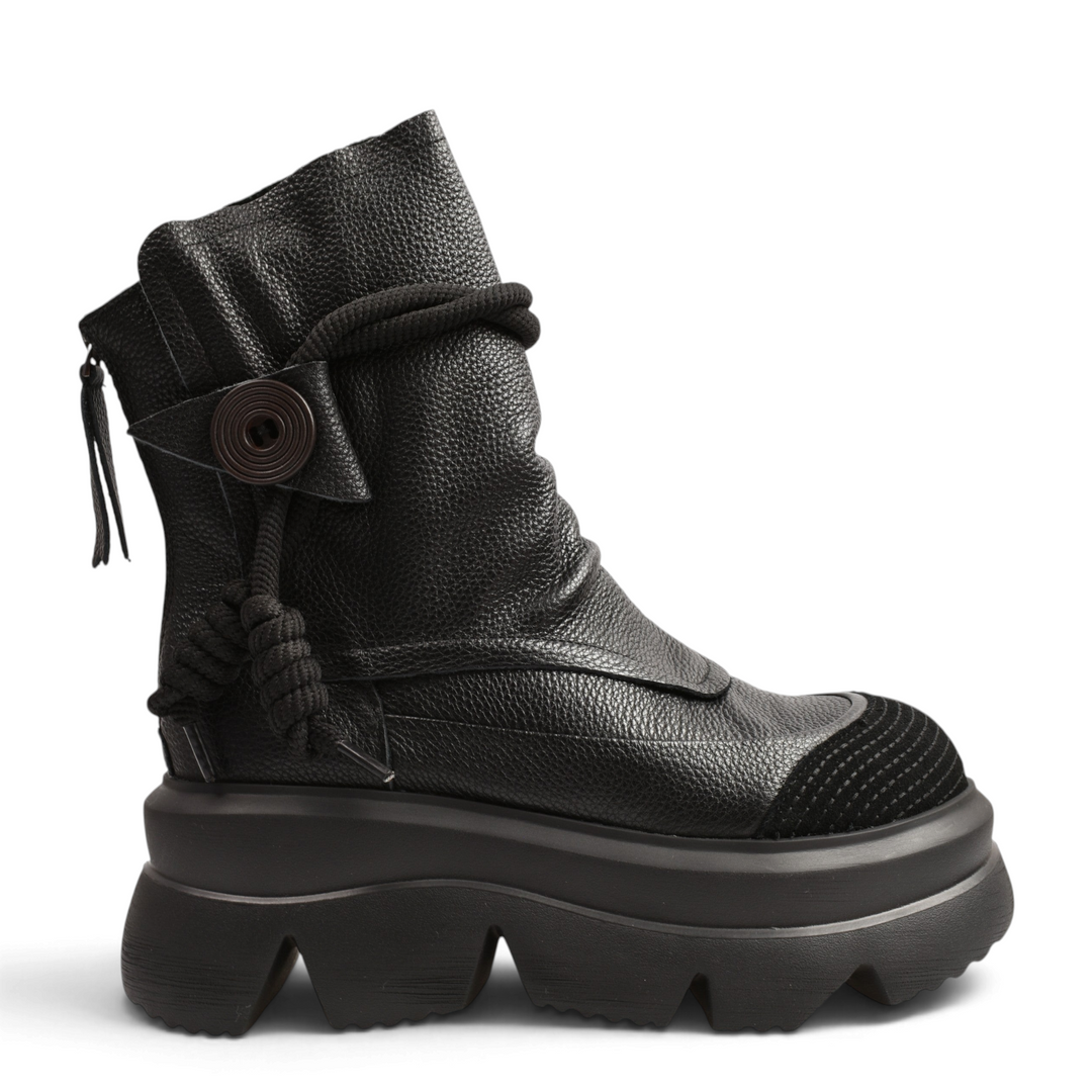 ada-shoes.ro Gryxx black textured leather chunky boots with decorative rope and back zipper closure