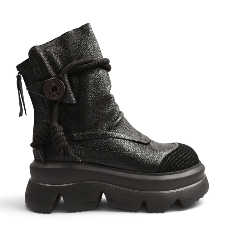 ada-shoes.ro Gryxx black textured leather chunky boots with decorative rope and back zipper closure