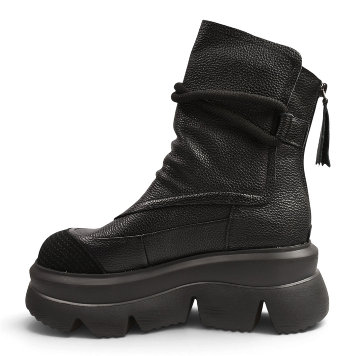 ada-shoes.ro Gryxx black textured leather chunky boots with decorative cord and back zipper closure