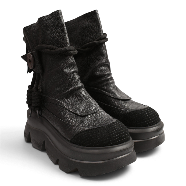 ada-shoes.ro Gryxx black leather chunky boots with decorative rope detail and textured toe cap