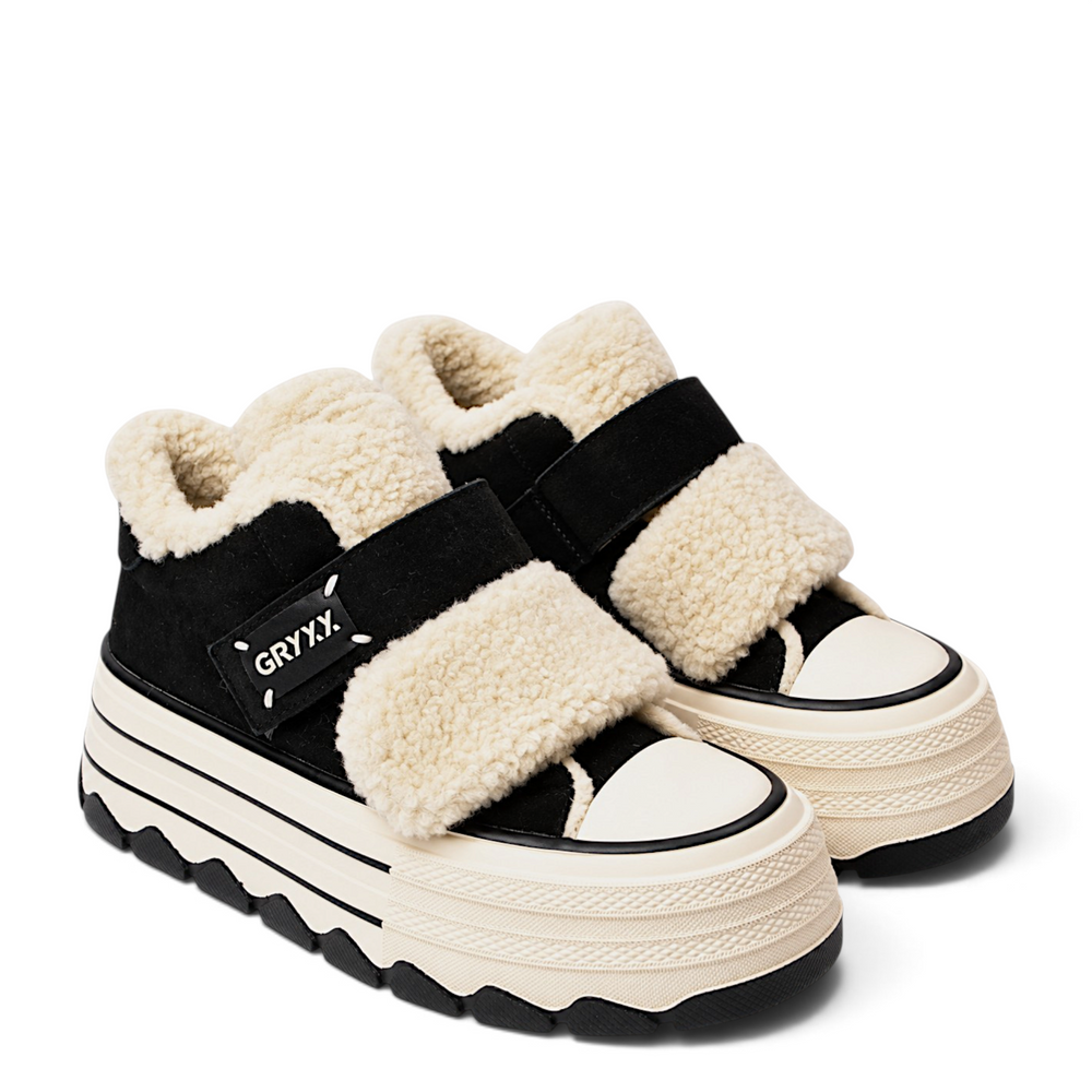 ada-shoes.ro Gryxx black nubuck leather sport boots with thick cream faux fur lining and platform soles with velcro straps