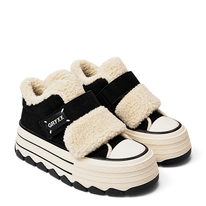 ada-shoes.ro Gryxx black nubuck leather sport boots with thick cream faux fur lining and platform soles with velcro straps