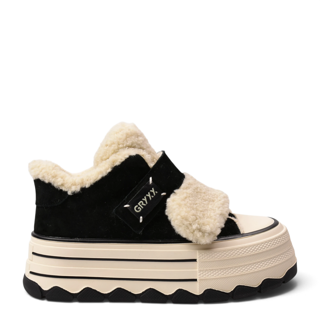 ada-shoes.ro Gryxx black nubuck leather platform sneakers with cream faux fur lining and velcro strap closure