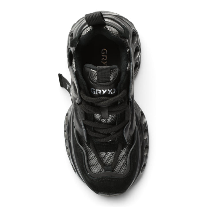 ada-shoes.ro Gryxx black suede sneakers with a chunky 6cm platform sole and lace-up closure, top-down view.