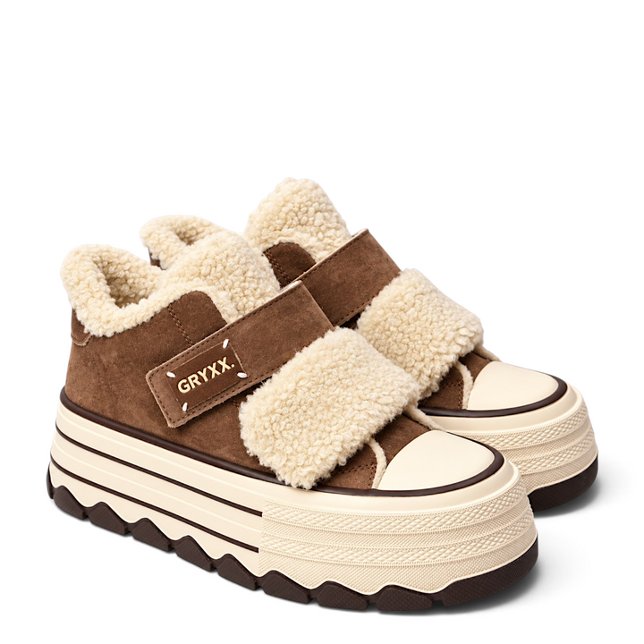 ada-shoes.ro GRYXX brown nubuck leather platform sneakers with cream faux fur lining and velcro strap closure