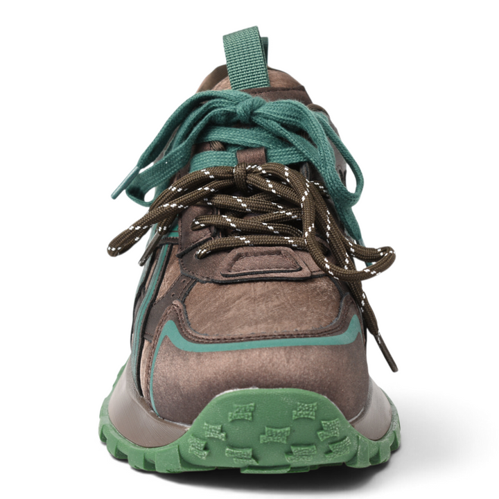 ada-shoes.ro Gryxx brown suede sneakers with green accents, lace-up closure, and a flexible chunky rubber sole.