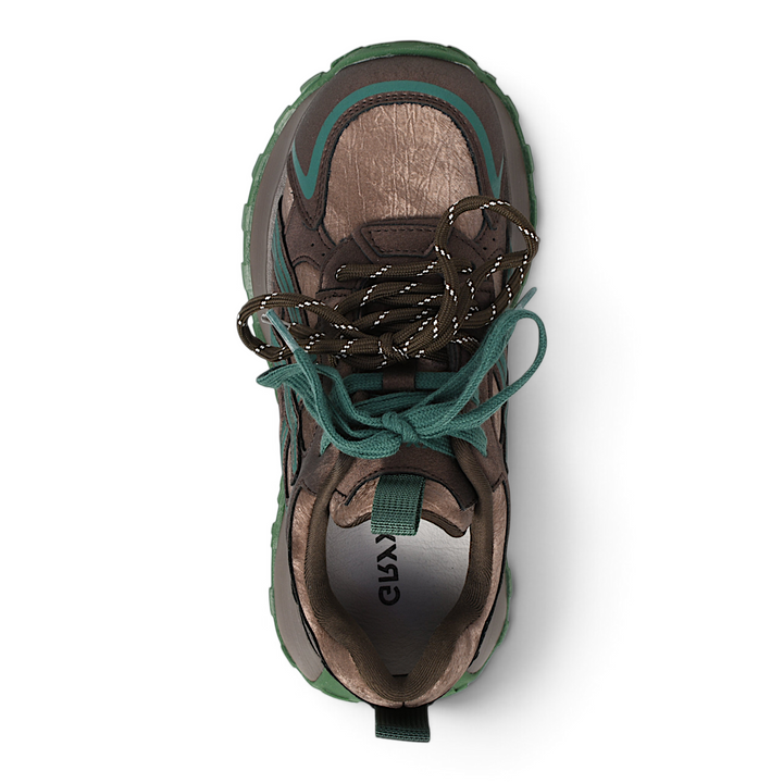 ada-shoes.ro Gryxx brown suede sneakers with green accents and lace-up closure viewed from above