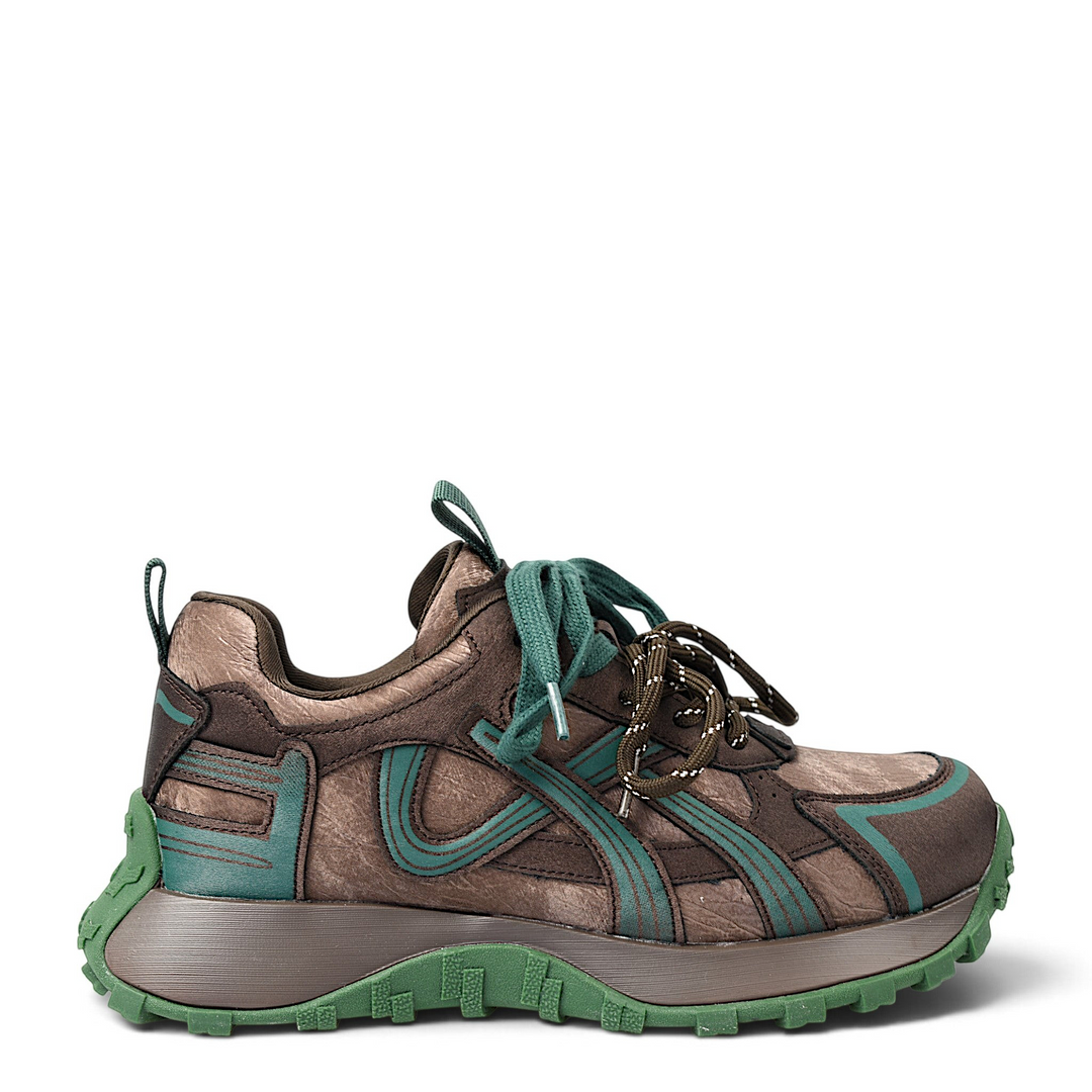 ada-shoes.ro Gryxx brown suede sneakers with green accents, lace-up closure, and a thick flexible rubber sole.