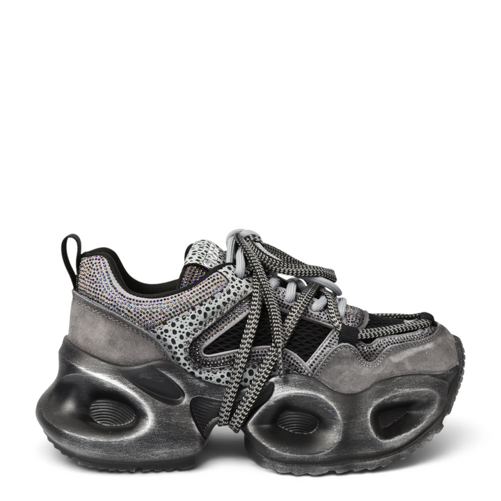 ada-shoes.ro Gryxx grey suede platform sneakers with metallic accents, mesh panels, and chunky sculpted sole