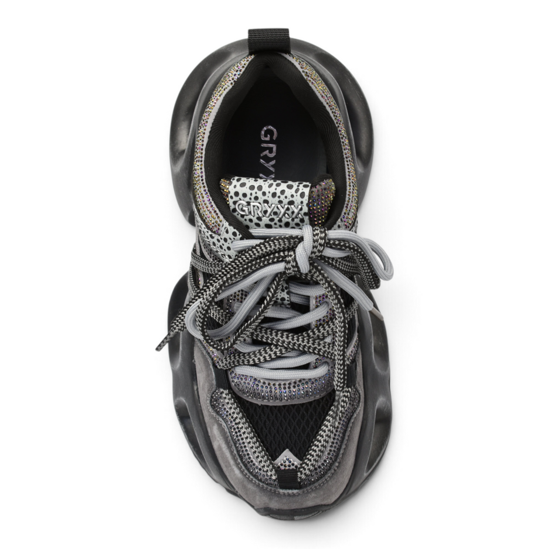 ada-shoes.ro Gryxx grey suede sneakers with chunky platform sole, lace-up closure, and decorative crystal detailing.
