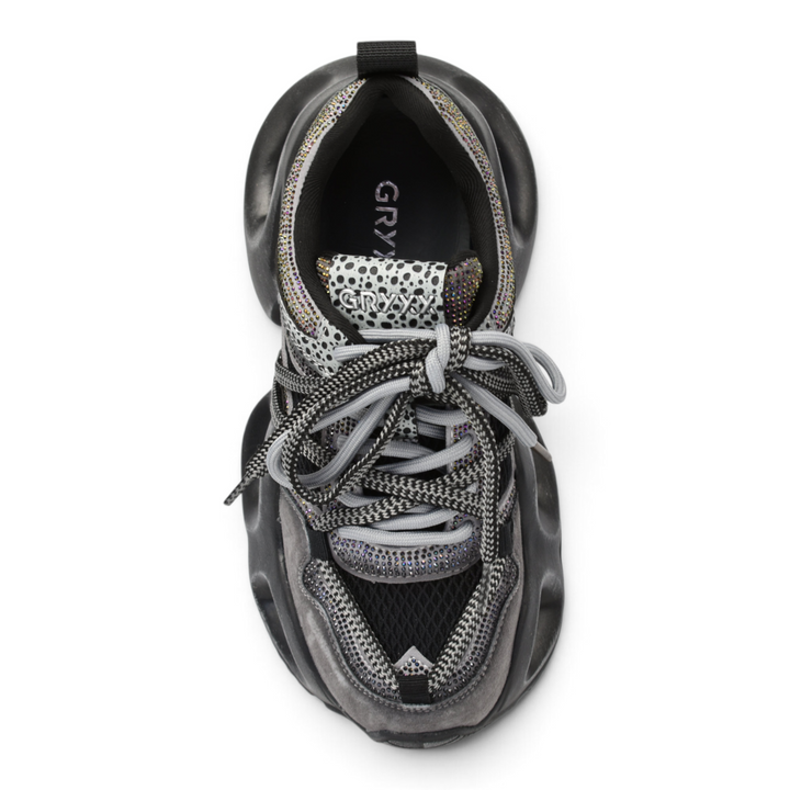 ada-shoes.ro Gryxx grey suede sneakers with chunky platform sole, lace-up closure, and decorative crystal detailing.