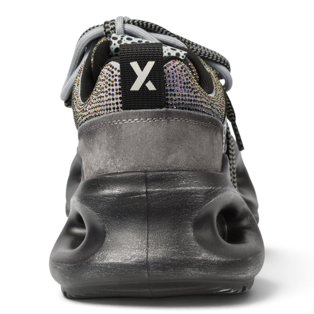 ada-shoes.ro Gryxx grey suede sneakers with a chunky black platform sole and iridescent crystal heel detailing