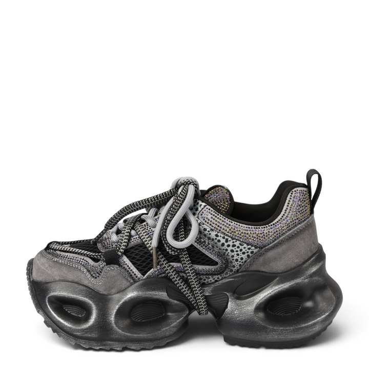 ada-shoes.ro Gryxx grey suede sneakers with chunky platform sole, mesh details, and decorative crystal embellishments