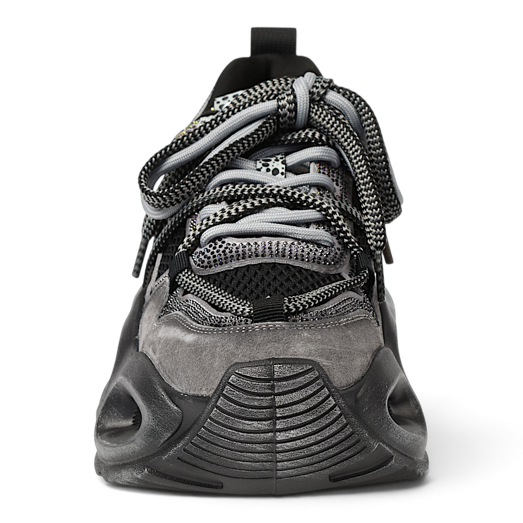 ada-shoes.ro Gryxx grey suede sneakers with chunky black platform sole and patterned laces, front view