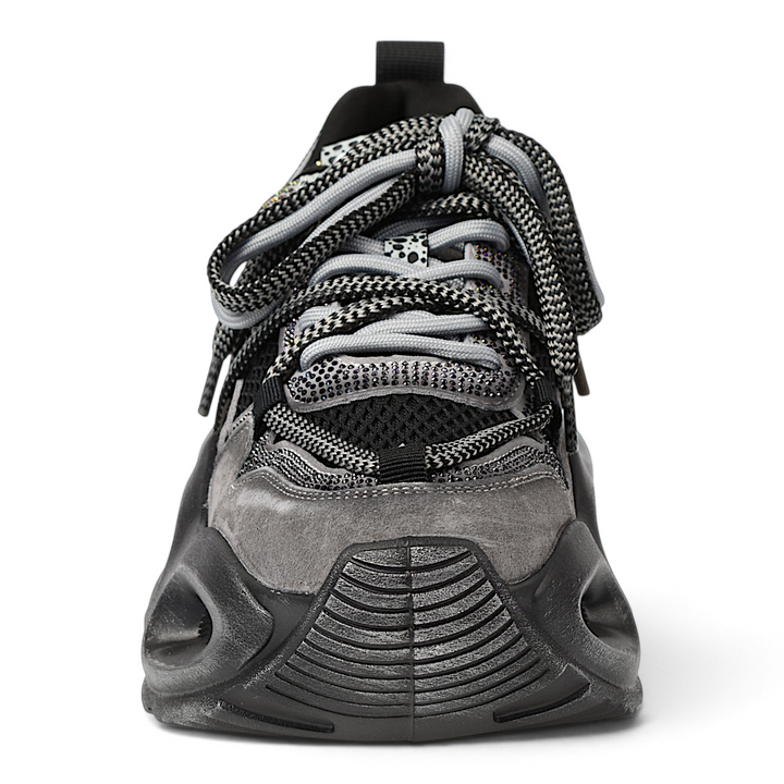 ada-shoes.ro Gryxx grey suede sneakers with chunky black platform sole and patterned laces, front view