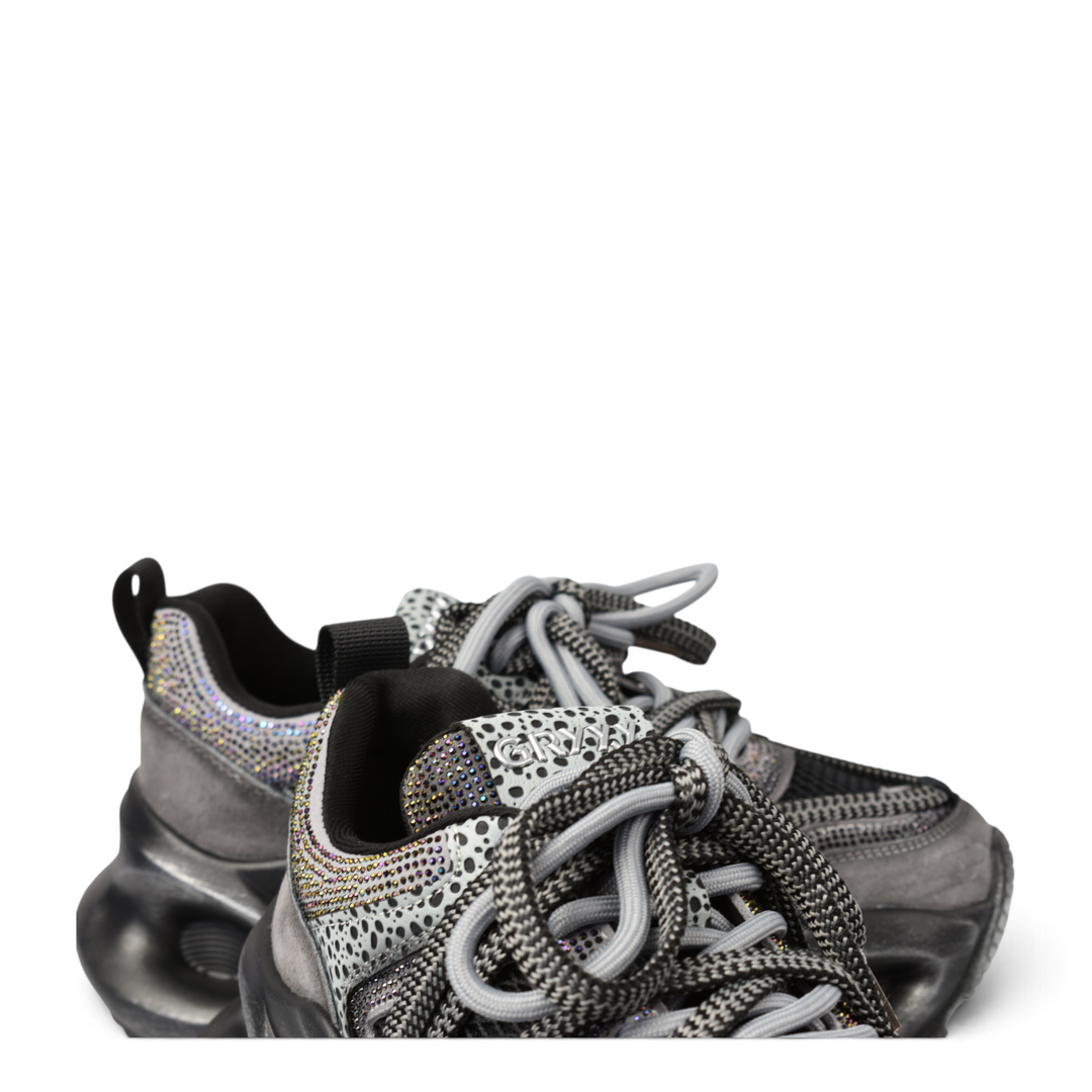 ada-shoes.ro Gryxx grey suede sneakers with chunky soles, lace-up closure, and decorative crystal embellishments.
