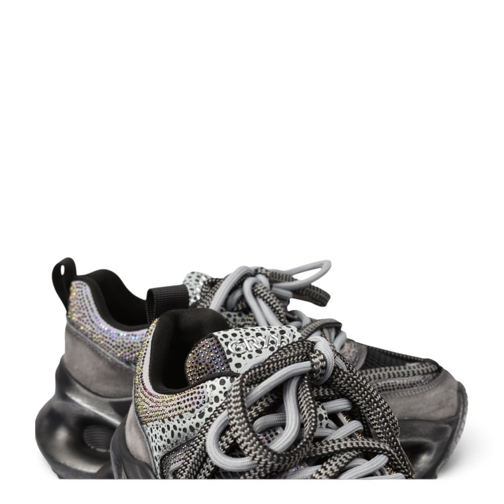 ada-shoes.ro Gryxx grey suede sneakers with chunky soles, lace-up closure, and decorative crystal embellishments.