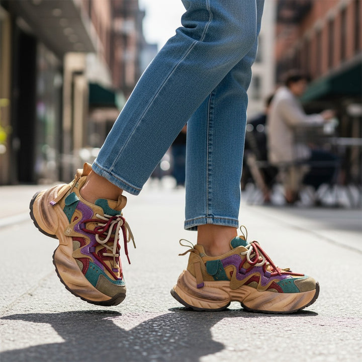 ada-shoes.ro Gryxx sneakers featuring a multi-colored suede design with thick platform soles worn with blue jeans