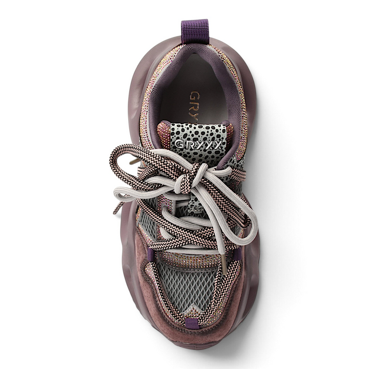 ada-shoes.ro Gryxx purple suede sneakers with high platform sole, mesh details, and patterned laces.