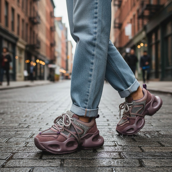 ada-shoes.ro Gryxx purple suede sneakers with thick platform soles worn with jeans on a city street