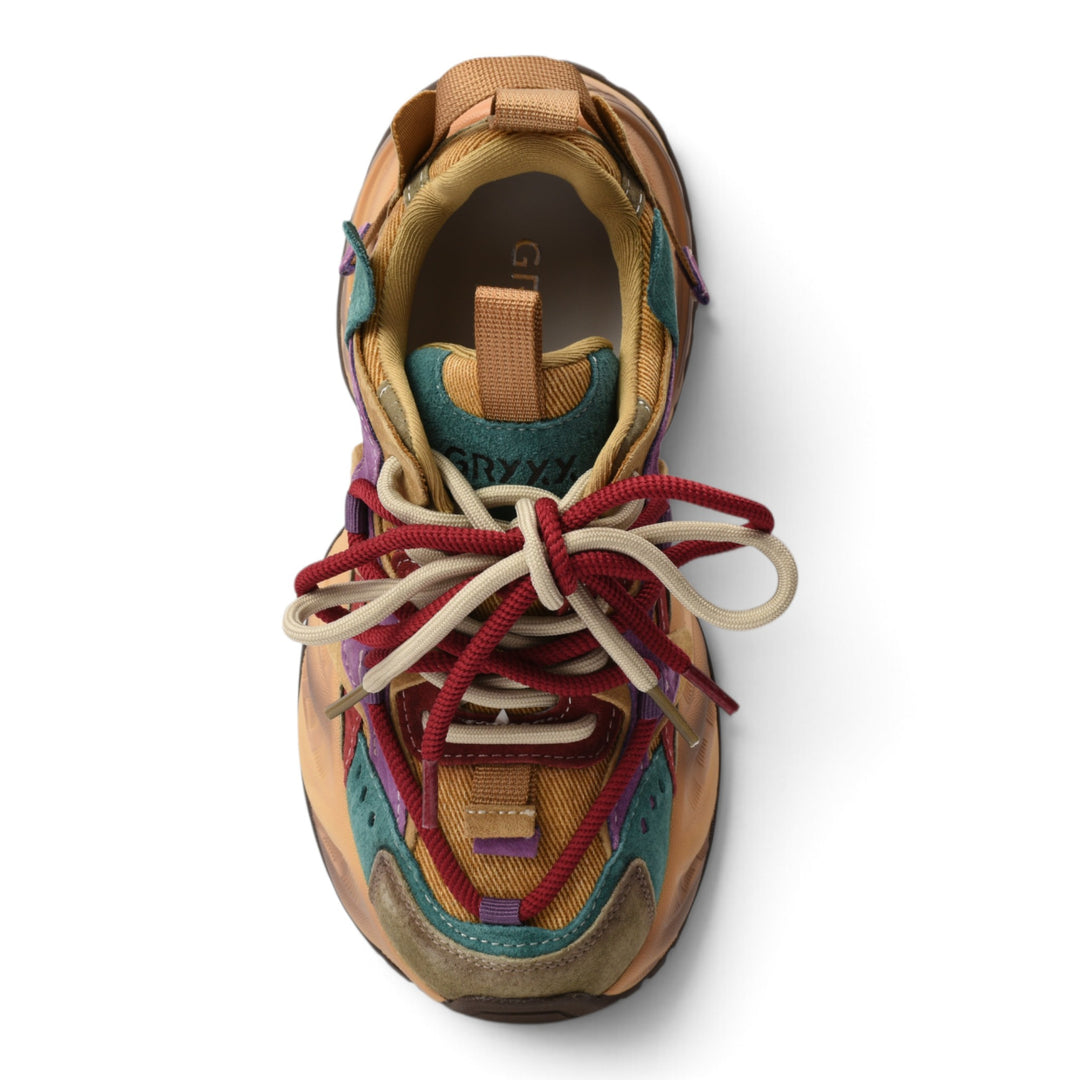 ada-shoes.ro Gryxx suede sneakers in beige, teal, and burgundy with a chunky sole and lace-up closure