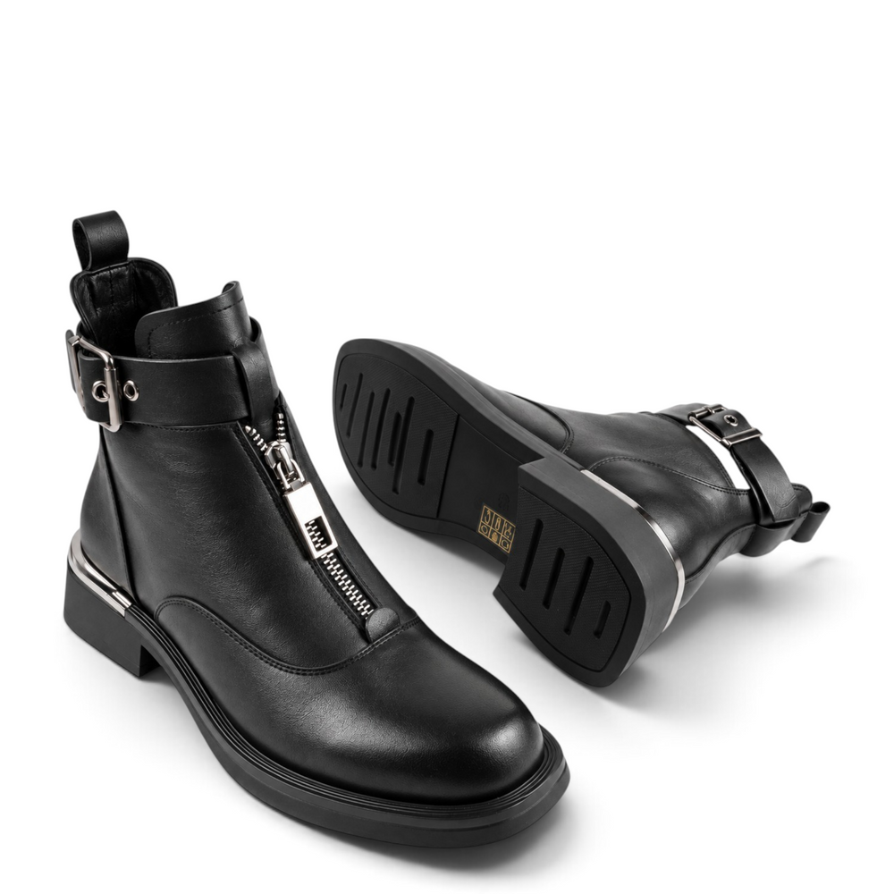 ada-shoes.ro Karisma black leather ankle boots with front zipper, decorative buckle strap, and low 3cm block heel.