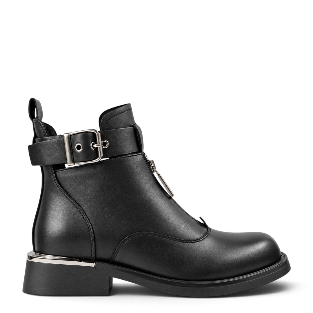 ada-shoes.ro Karisma black leather ankle boots with side buckle strap, front zipper, and metallic heel detail.
