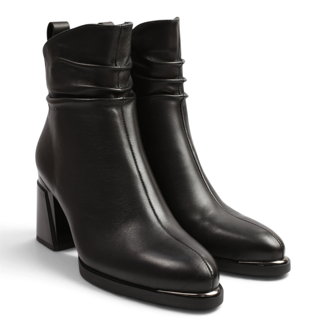 ada-shoes.ro Karisma black leather ankle boots with a draped upper, sculpted block heel, and metallic toe detail.