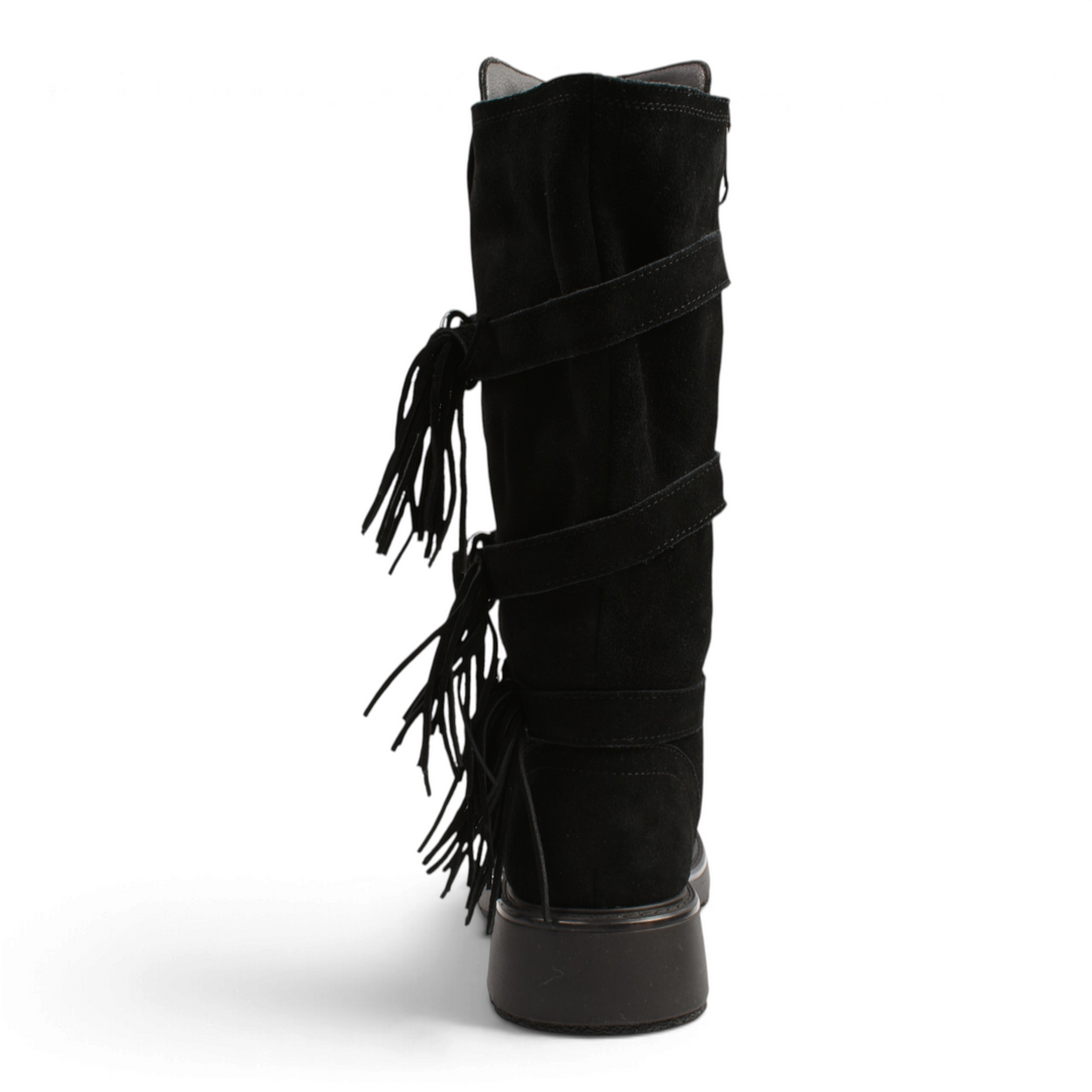 ada-shoes.ro Karisma black suede boots with fringe detail and metal ring straps, back view