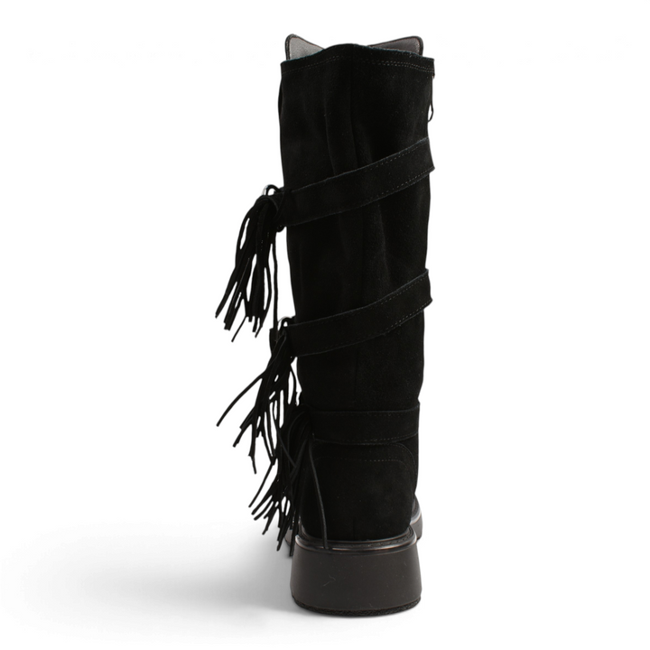 ada-shoes.ro Karisma black suede boots with fringe detail and metal ring straps, back view