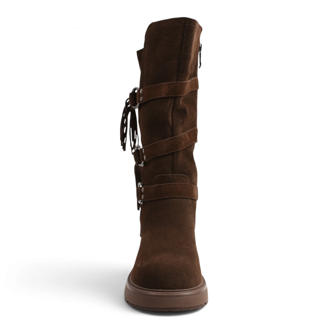 ada-shoes.ro Karisma brown suede boots with side fringe, metal ring straps, and a thick track sole