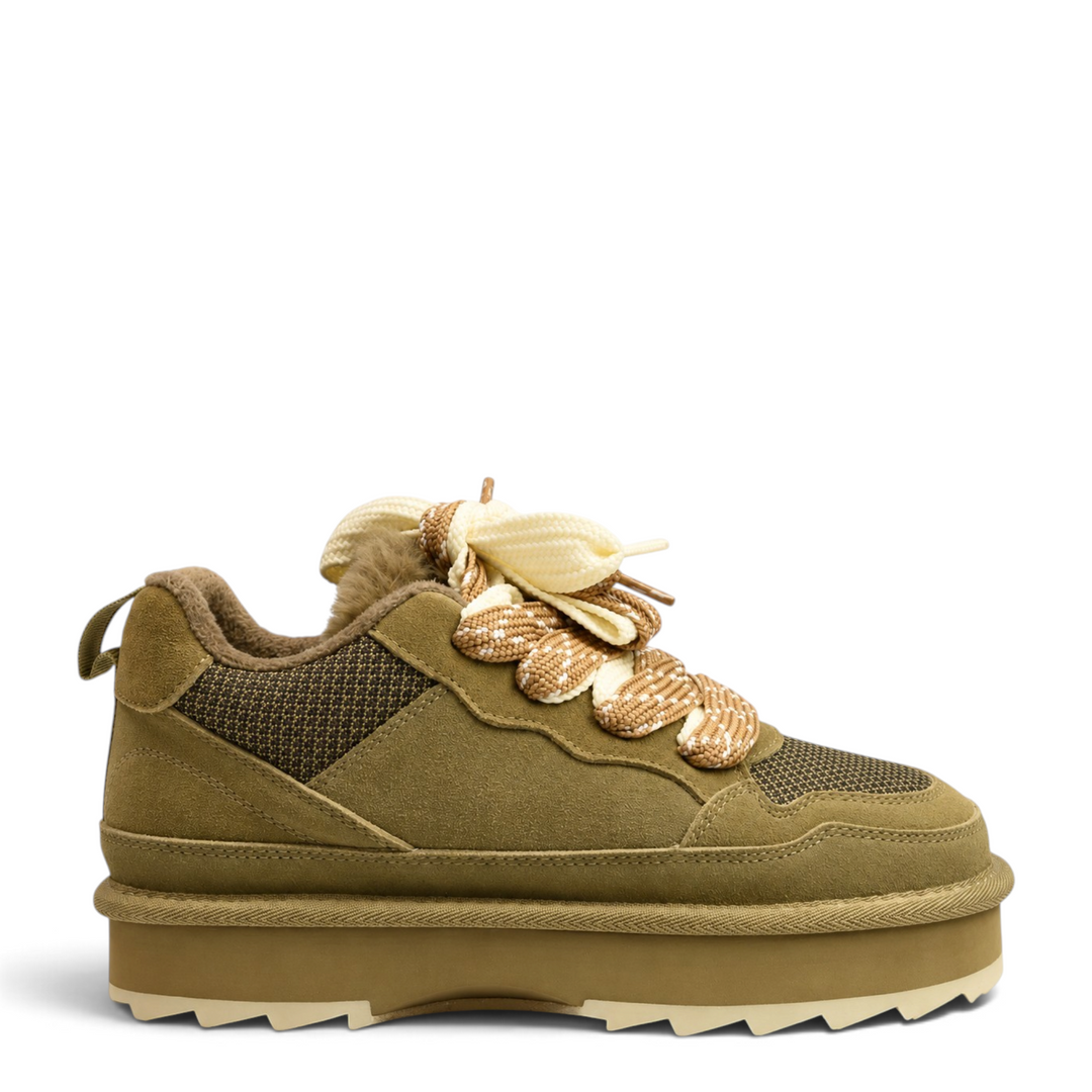 ada-shoes.ro Anna Viotti chunky sneakers in khaki suede and textile with thick platform sole and patterned laces